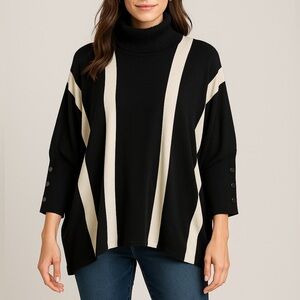 Alfani Black & White Striped Turtleneck Poncho Sweater